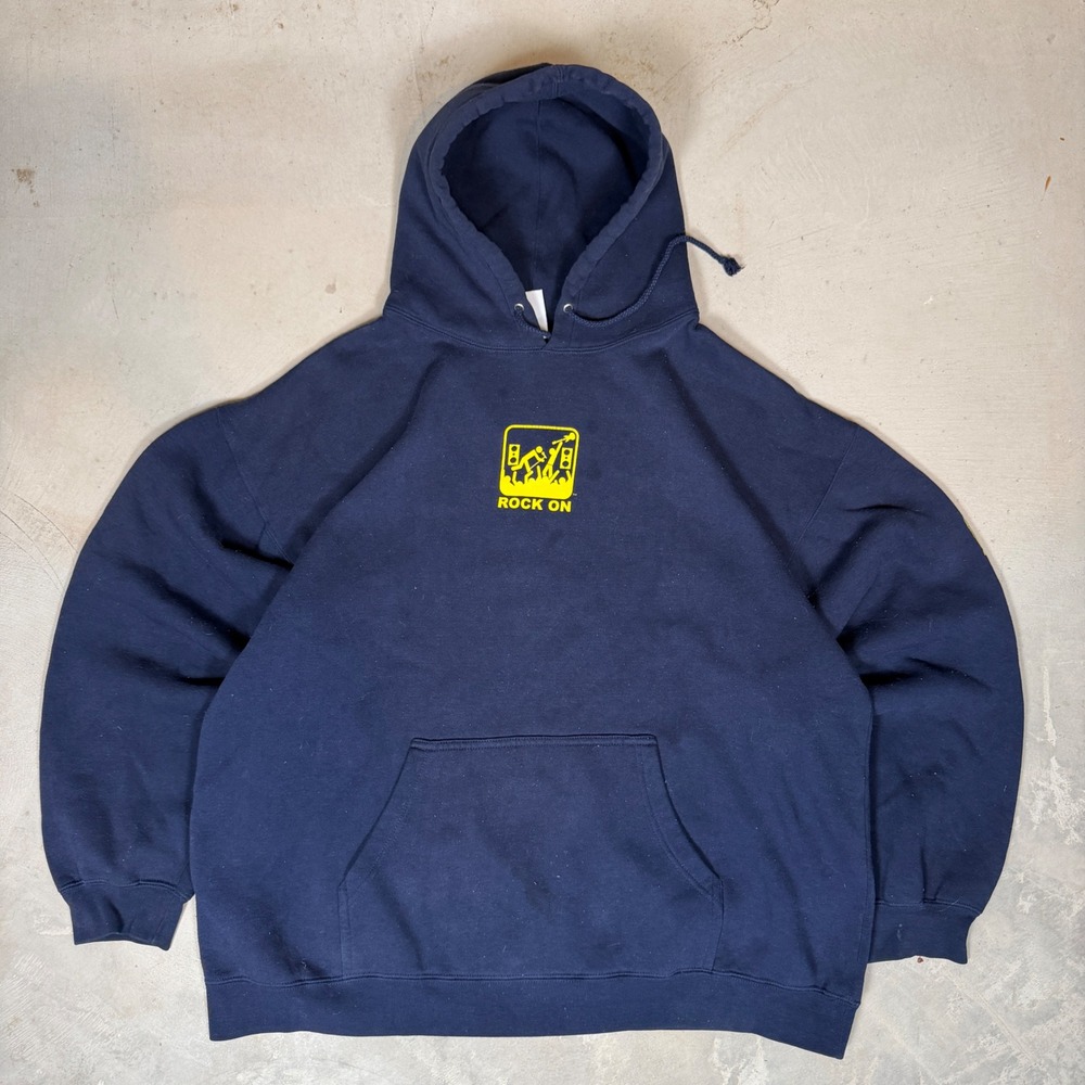 To The Edge Rock On Concert Security Hoodie Navy Blue Graphic Sweatshirt Mens XL